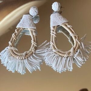 Beaded Rattan Teardrop Fringe Earrings - White